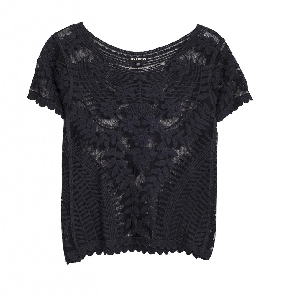 Express, black short sleeve baroque lace tee, R599, available at Edgars