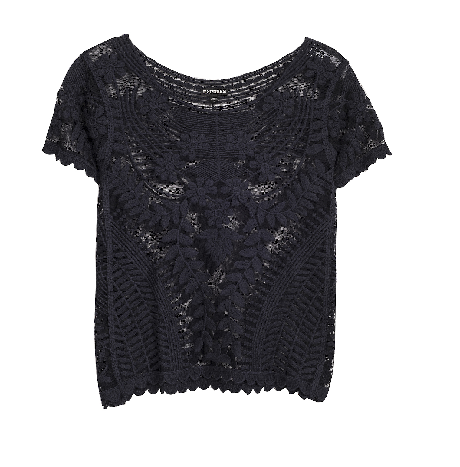 Express, black short sleeve baroque lace tee, R599, available at Edgars